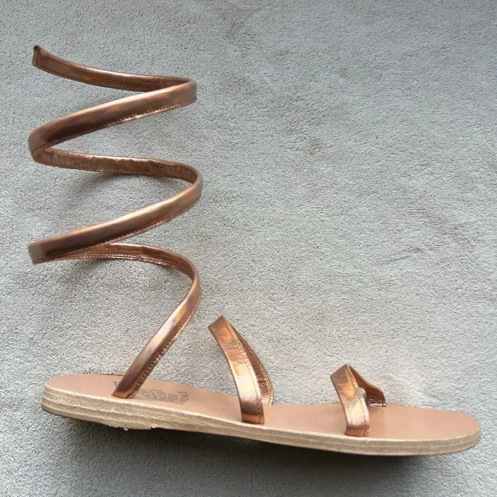 Ancient Greek Sandals Ofis Iridescent Copper Flat Sandal‎ EU 37 US 7 Ankle-Wrap